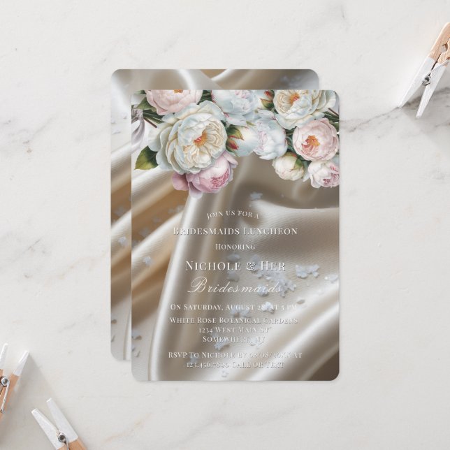 White Satin Roses and Peony Bridesmaids Luncheon Invitation (Front/Back In Situ)