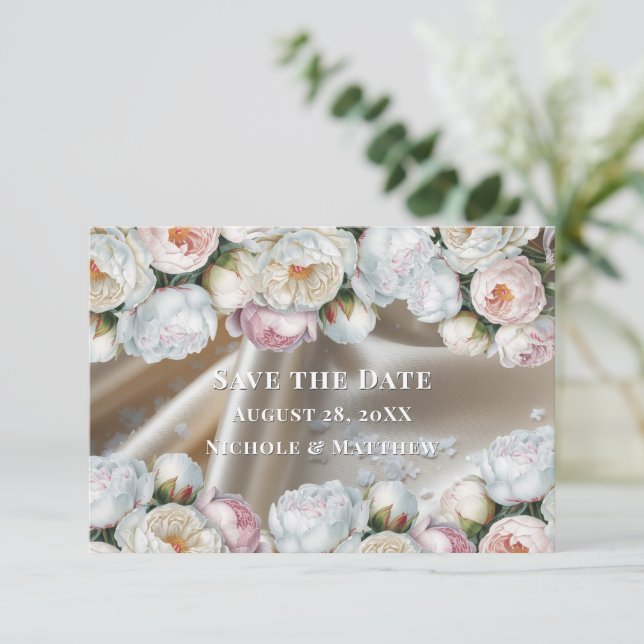 White Satin Roses and Peony Wedding Save The Date (Standing Front)