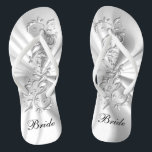 White Satin & Silver Ornate Design | Bride Flip Flops<br><div class="desc">Bridal Party Flop Shoes ready for you to personalize. If need be... you can start fresh with your own text, text colour and font choices with the Zazzle design tool area. ✔Note: Not all template areas need changed. 📌If you need further customization, please click the "Click to Customize further" or...</div>
