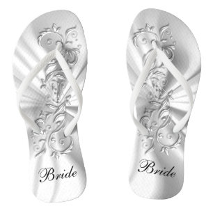 White Satin & Silver Ornate Design Bride Flip Flops