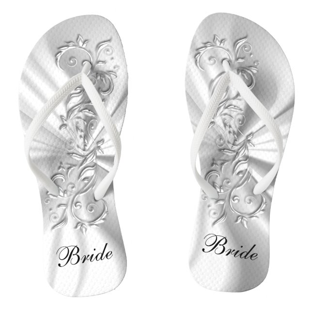 White Satin & Silver Ornate Design | Bride Flip Flops (Footbed)
