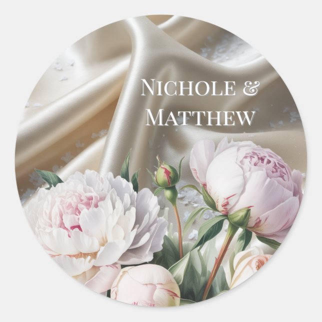 White Satin with Roses and Peony Wedding Classic Round Sticker (Front)