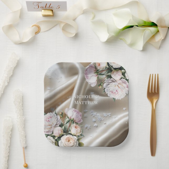 White Satin with Roses and Peony Wedding Paper Plate (Wedding)