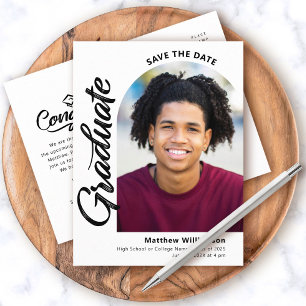 White Save Date Graduation Photo Arch Black Script Invitation Postcard