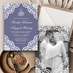 White Scalloped Lace Purple Muslim Wedding Photo Invitation