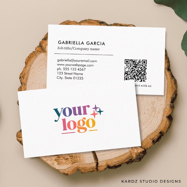 White Scannable QR Code Logo Minimal Business Card (Front and back of the business card are shown in standard size. Choose size, corner + paper style.)