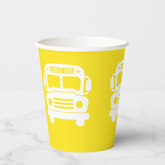 White School Bus on Yellow Background Paper Cups (Front)