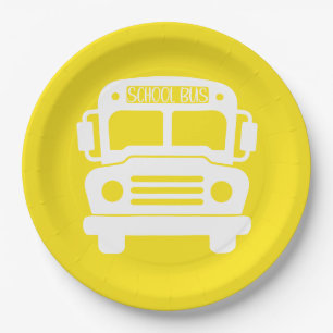White School Bus on Yellow Background Paper Plate