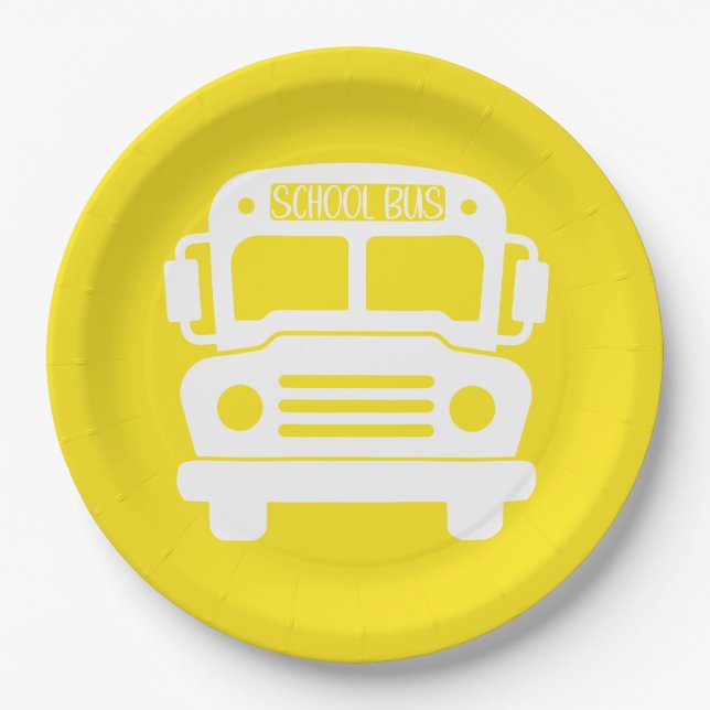 White School Bus on Yellow Background Paper Plate (Front)