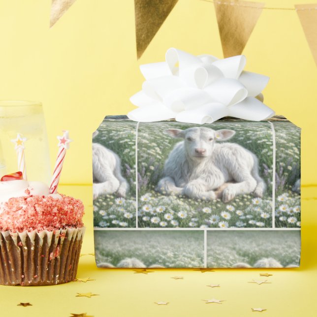 White Scottish Highland Calf In Daisies Wrapping Paper (Birthday Party)