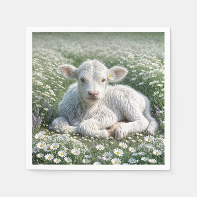 White Scottish Highland Calf In Daisy Meadow Napkin (Front)