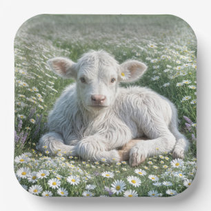 White Scottish Highland Calf In Daisy Meadow Paper Plate