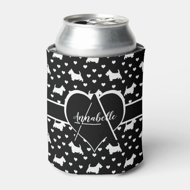 White Scottish Terriers (Scottie Dogs) - Black Can Cooler (Can Front)