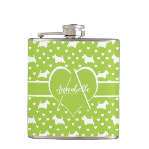 White Scottish Terriers (Scottie Dogs) Lime Green Hip Flask
