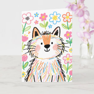White Scribble Cat Greetings Card