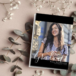 White Script Black Frame Two Photo Graduation Announcement