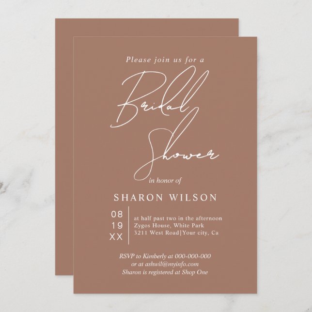 White script calligraphy mocha brown Bridal shower Invitation (Front/Back)