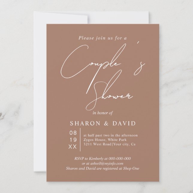 White script calligraphy mocha couple's shower invitation (Front)