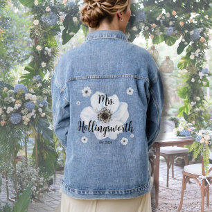White Script Calligraphy Modern Wedding Bride Denim Jacket