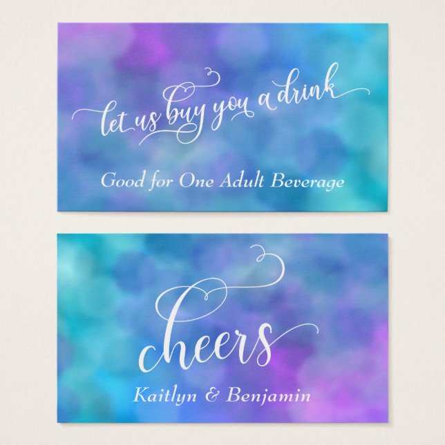 White Script Colourful Pastel Bokeh Drink Tickets (Front & Back)