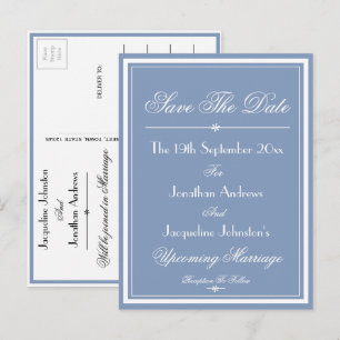 White Script Dusty Blue Wedding Save The Date Invitation Postcard