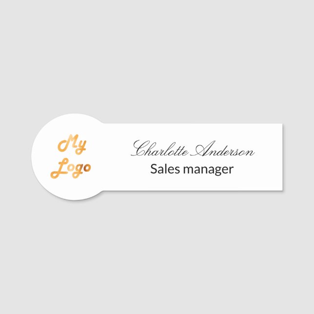 White script elegant business empoyee logo name tag (Front)
