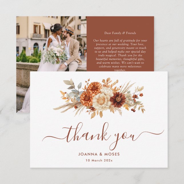 White Script Fall Colours Terracotta Wedding Thank You Card (Front/Back)