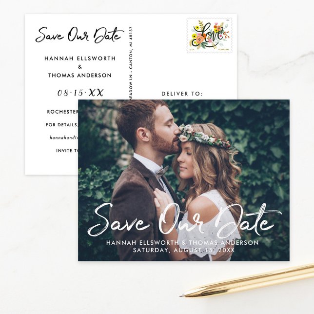 White Script Full Photo Save the Date Announcement Postcard (Creator Uploaded)