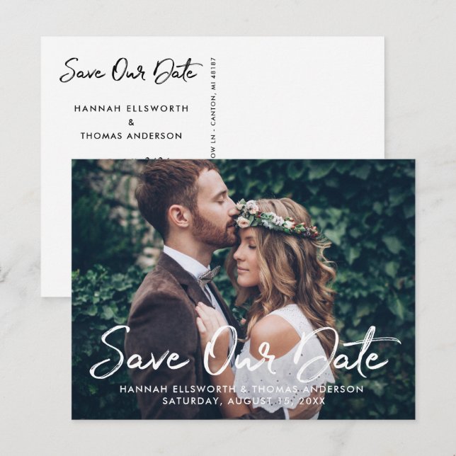 White Script Full Photo Save the Date Announcement Postcard (Front/Back)