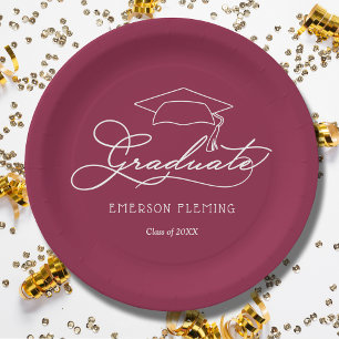 White Script Grad Cap on Maroon Graduation Paper Plate