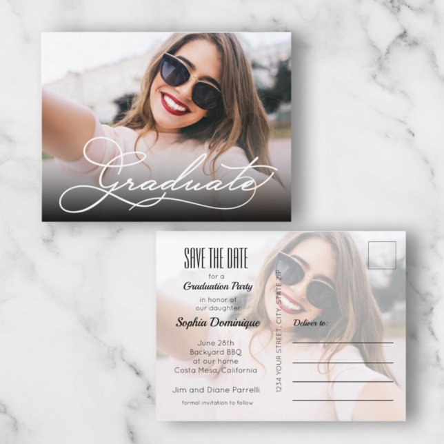 White Script GRADUATE Photo Save the Date Postcard (Creator Uploaded)