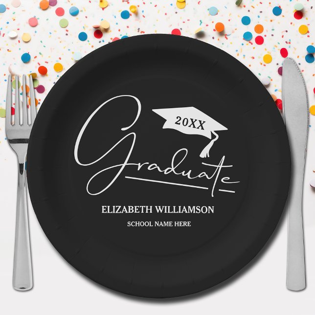 White Script Graduation Cap Black Paper Plate (Your name, class year and "Graduate" in a cool script on black school color paper plates)