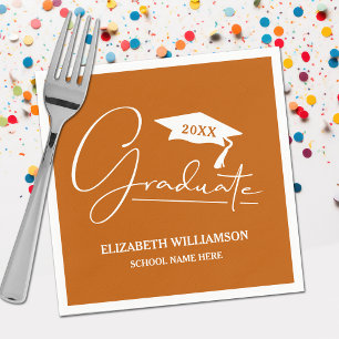 White Script Graduation Cap Burnt Orange Napkin