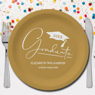 White Script Graduation Cap Gold Paper Plate