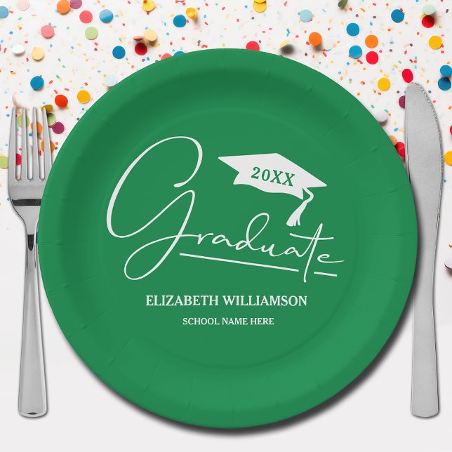 White Script Graduation Cap Green Paper Plate (Your name, year, grad cap and "Graduate" in a cool script on green school color paper plates)