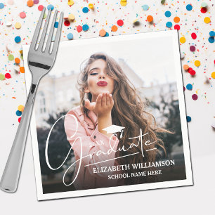 White Script Graduation Cap Photo Napkin