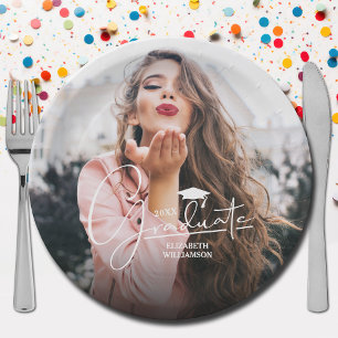 White Script Graduation Cap Photo Paper Plate