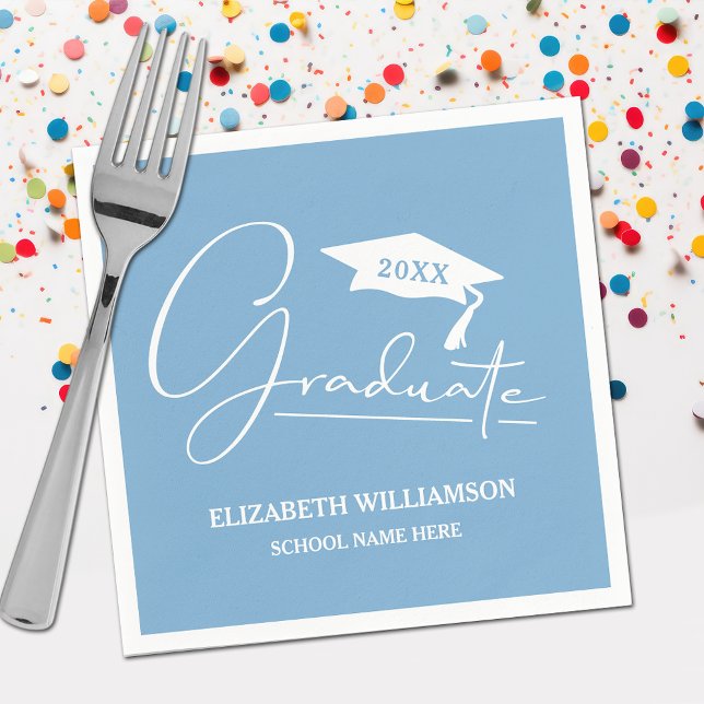 White Script Graduation Cap Powder Blue Napkin (Your name, class year and "Graduate" in a cool script on powder blue school color party napkins)