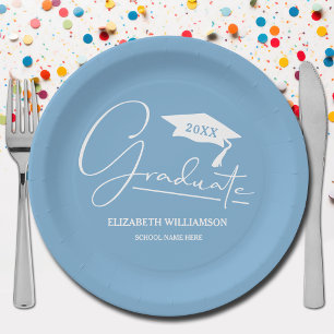 White Script Graduation Cap Powder Blue Paper Plate