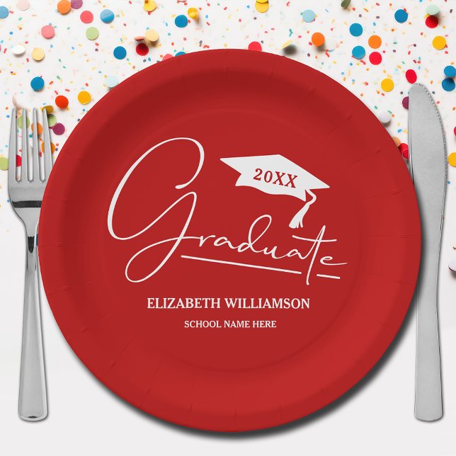 White Script Graduation Cap Scarlet Red Paper Plate (Your name, year, grad cap and "Graduate" in a cool script on scarlet red school color paper plates)