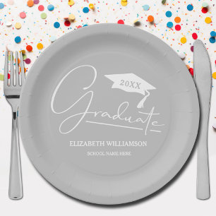 White Script Graduation Cap Silver Grey Paper Plate