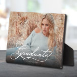 White Script Graduation Photo Plaque<br><div class="desc">Add your favourite photo to this photo plaque with built in easel. Can be used with Horizontal or Vertical photos. Keep,  delete or move the word GRADUATE to fit on your vertical or horizontal photo. MORE designs in our store.</div>