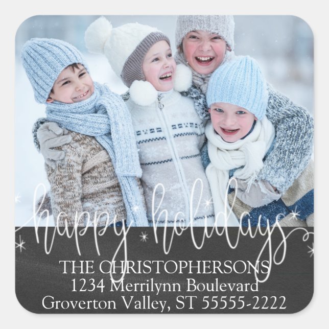 White Script HAPPY HOLIDAYS Photo Return Address Square Sticker (Front)
