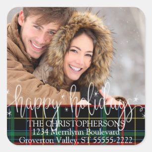 White Script HAPPY HOLIDAYS Photo Return Address Square Sticker