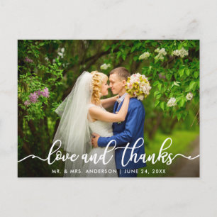 White Script Love and Thanks   Wedding Photo Postcard