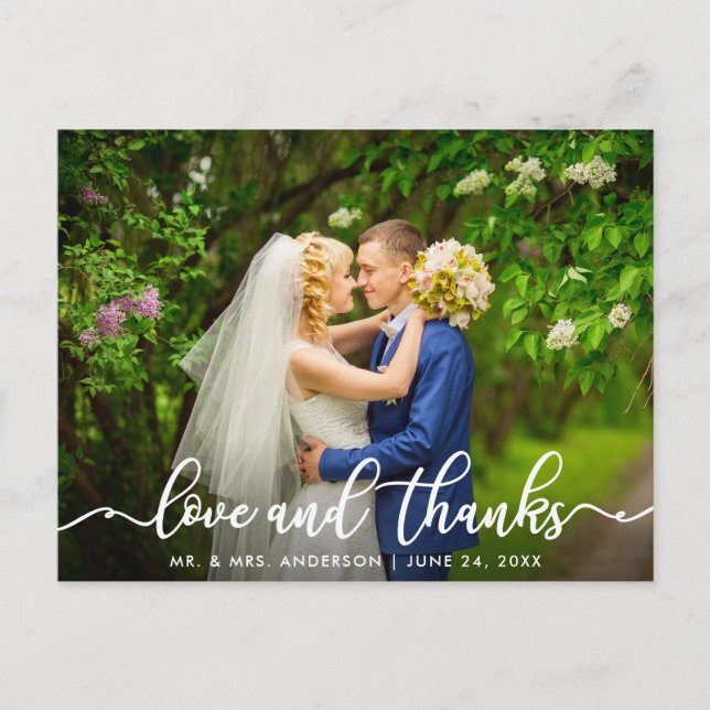 White Script Love and Thanks | Wedding Photo Postcard (Front)