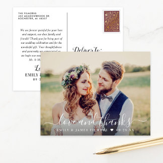 White Script Love and Thanks Wedding Photo Postcard