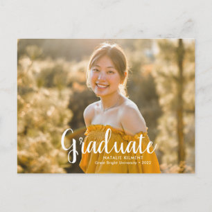 White Script Modern Graduate Photo Graduation Announcement Postcard