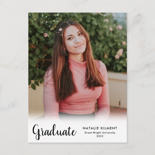 White Script Modern Graduate Photo Graduation Announcement Postcard (Front)