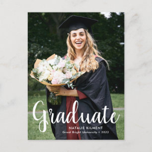 White Script Modern Graduate Photo Graduation Announcement Postcard